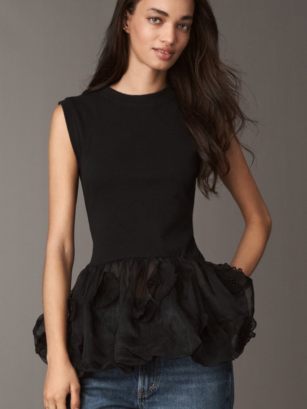 NWT By Anthropologie 3D Floral Peplum Top Black XXS